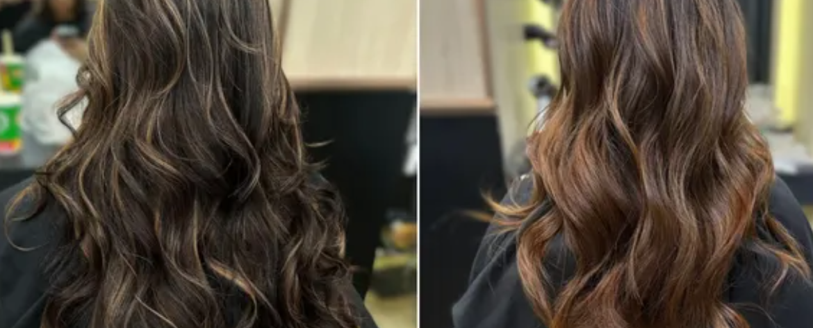 Balayage vs Highlights Abbotsford at Salon77 – Side-by-side comparison of dark hair with highlights and natural balayage for a sun-kissed look.
