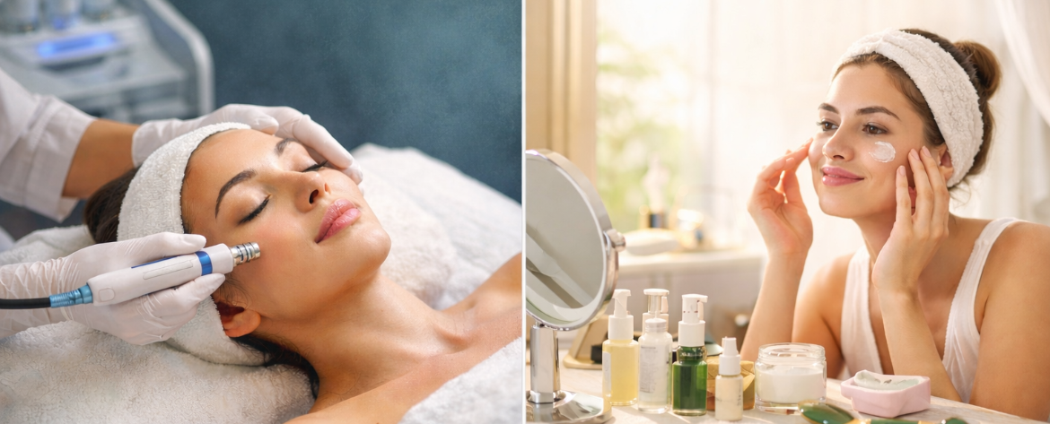 Professional facials in Abbotsford at Salon77 compared with at-home skincare routine for healthy glowing skin