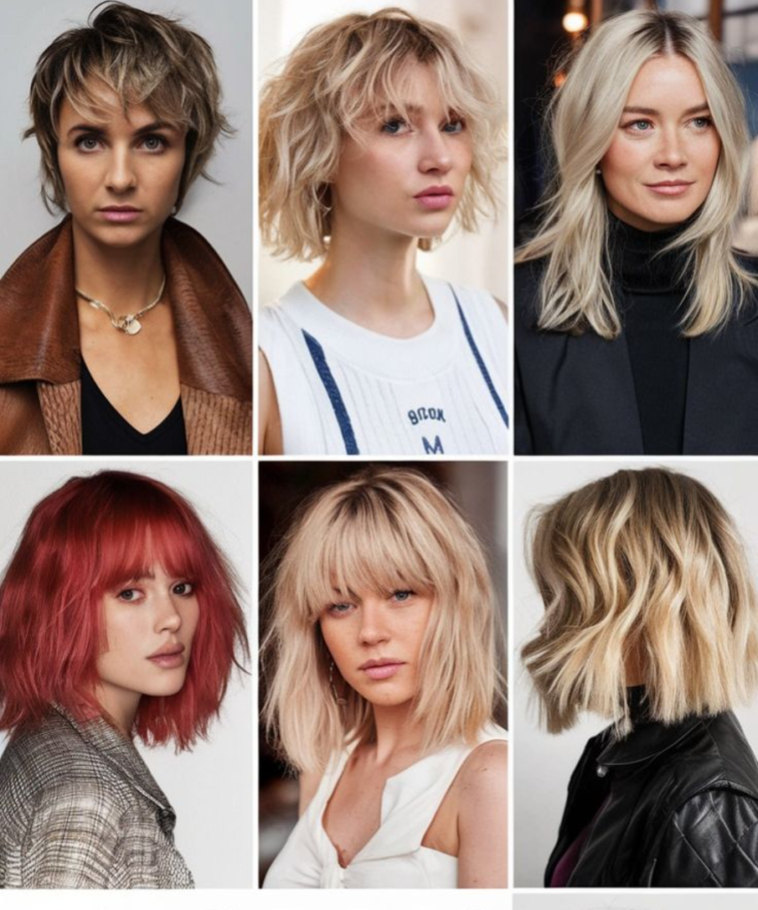 Collage of modern hairstyles showcasing the top haircut trends for 2025, including layered and bob cuts.